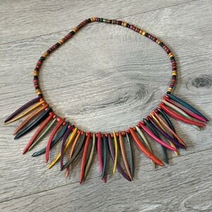 Chunky Bohemian Wood Bead and Spike Rainbow Color‎ Statement Necklace